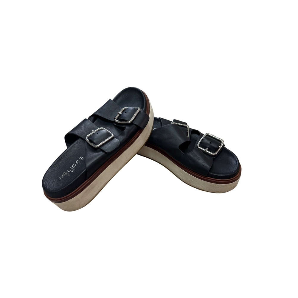 J/Slides NYC Bowie Platform Sandals Buckle Slides Comfortable Black Leather 8.5M